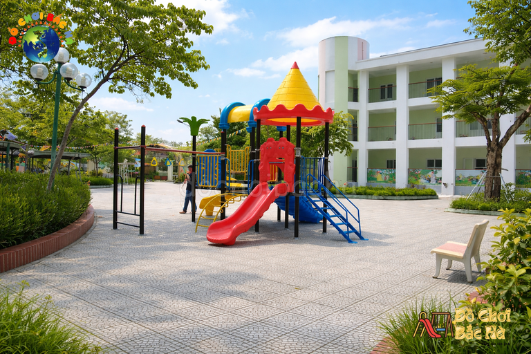 Liên hoàn cầu trượt mái lâu đài tại Trường Mầm non Tam Đồng – Giải pháp sân chơi ngoài trời an toàn từ Bắc Hà