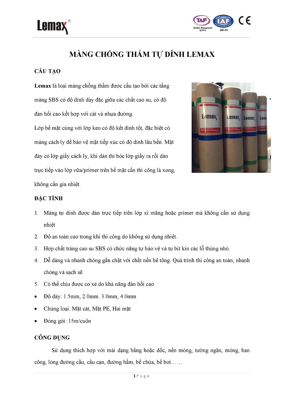thống số kỹ thuật, tài liệu, datasheet màng tự dính hai mặt lemax 