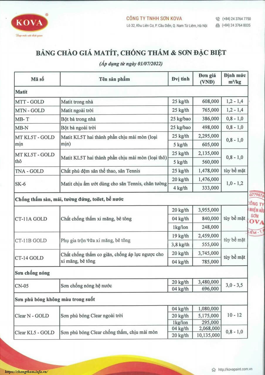 Báo giá sơn chống thấm Kova mới nhất 2022: Cập nhật bảng giá sơn chống thấm Kova mới nhất 2022 để đảm bảo sự bền vững cho kiến trúc nhà của bạn. Sử dụng sản phẩm sơn chống thấm Kova để bảo vệ các công trình của bạn khỏi các tác động của thời tiết, mưa, gió và ẩm ướt. Xem ngay hình ảnh để tìm hiểu thêm về sản phẩm.