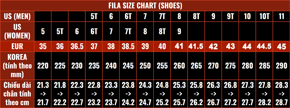 Top 44+ imagen fila men's shoes size chart - br.thptnvk.edu.vn