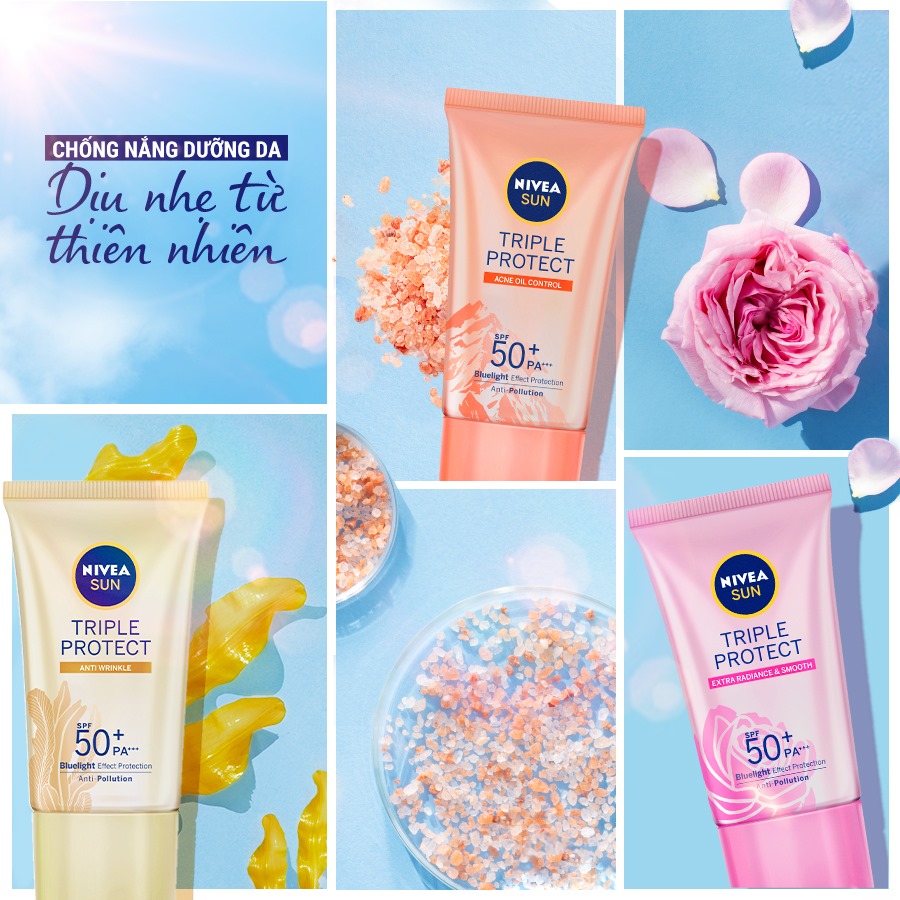 Kem Chống Nắng Nivea Dưỡng Sáng Mịn Hoa Hồng Hokkaido 40ml Triple Protect Extra Radiance & Smooth SPF50+ PA+++