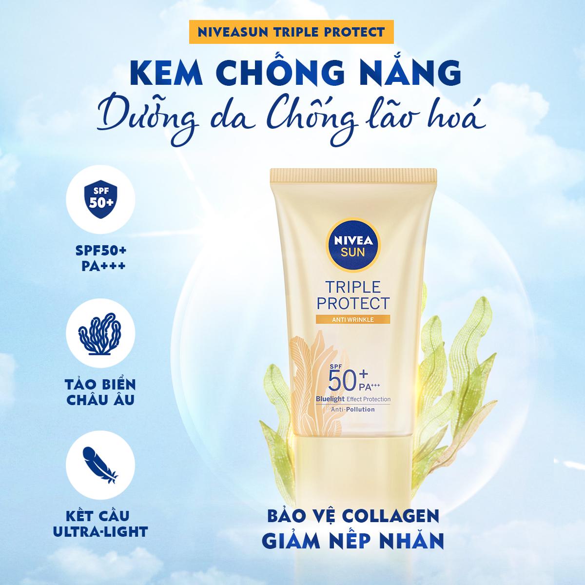 Kem Chống Nắng Nivea Ngăn Ngừa Lão Hóa Tảo Biển 40ml Triple Protect Anti Wrinkle SPF50+ PA+++