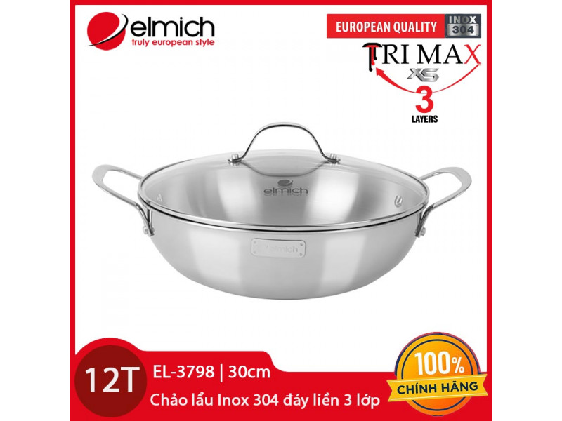 Chảo lẩu Inox 304 cao cấp 3 lớp đáy liền 30cm Elmich Tri-Max EL-3798 vung kính - Hàng chính hãng, bảo hành 12 tháng