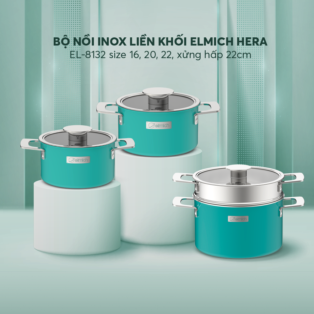 Bộ nồi Inox liền khối Elmich Hera EL-8132 size 16,20,22 xửng hấp 22cm