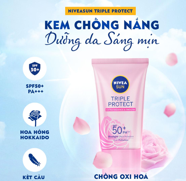 Kem Chống Nắng Nivea Dưỡng Sáng Mịn Hoa Hồng Hokkaido 40ml Triple Protect Extra Radiance & Smooth SPF50+ PA+++