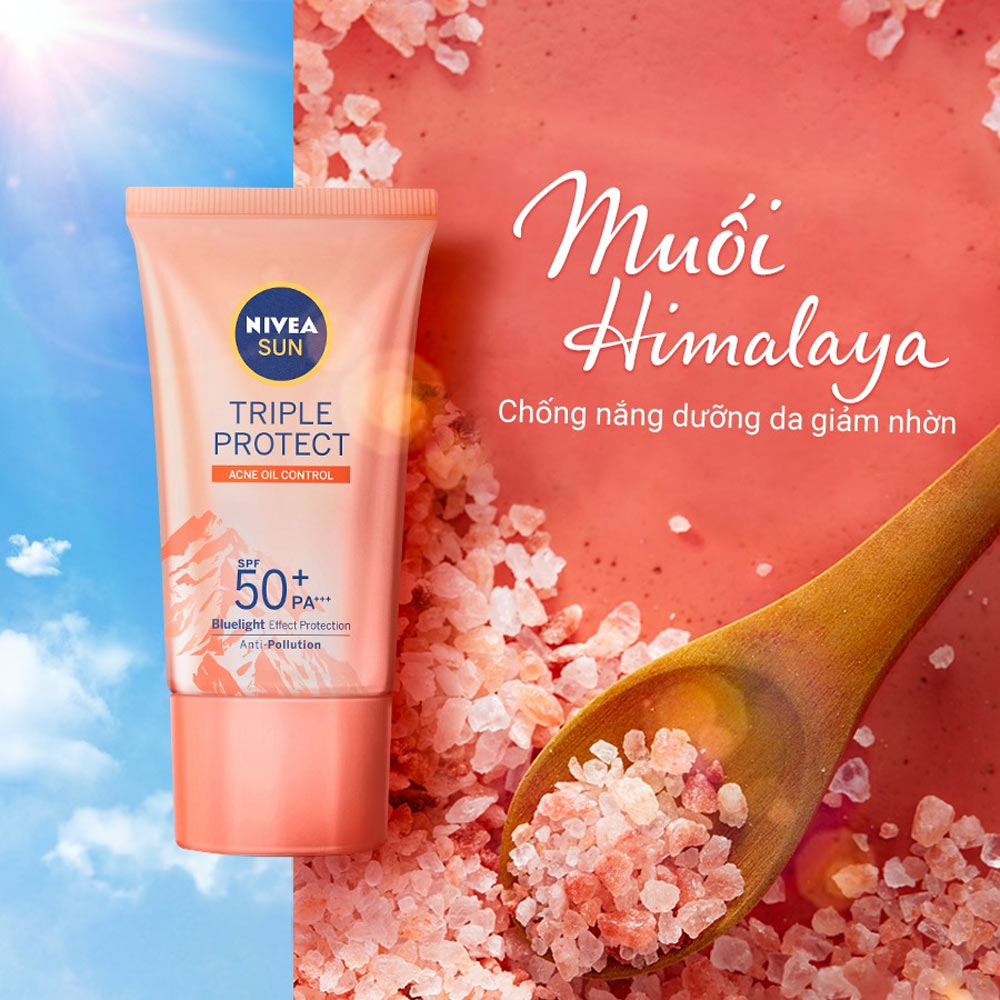 Kem Chống Nắng Nivea Kiểm Soát Nhờn Muối Himalaya 40ml Triple Protect Acne Oil Control SPF50+ PA+++