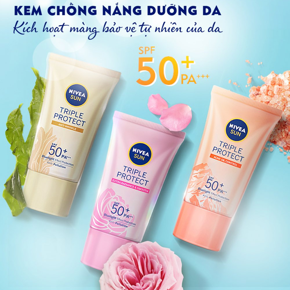 Kem Chống Nắng Nivea Kiểm Soát Nhờn Muối Himalaya 40ml Triple Protect Acne Oil Control SPF50+ PA+++