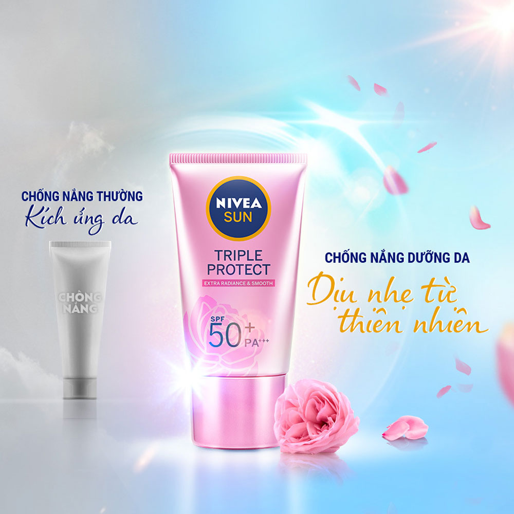 Kem Chống Nắng Nivea Dưỡng Sáng Mịn Hoa Hồng Hokkaido 40ml Triple Protect Extra Radiance & Smooth SPF50+ PA+++