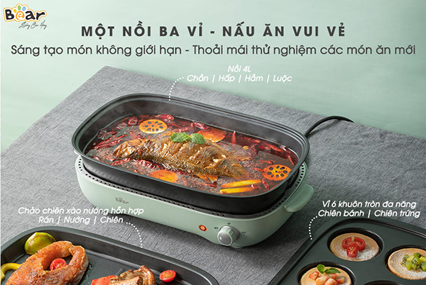 Nồi lẩu nướng 3 khay Bear SUBE004