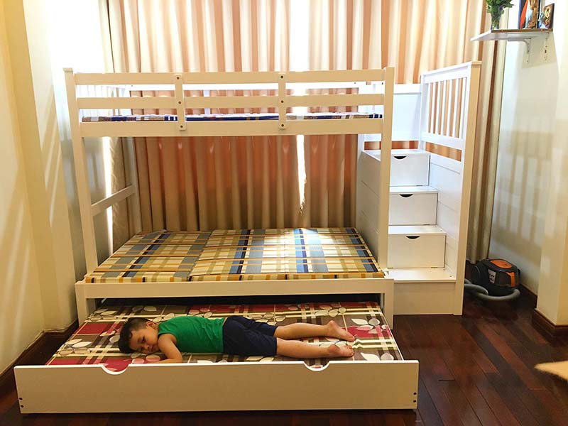 Giường 3 tầng có cầu thang hộp HH84 Trắng