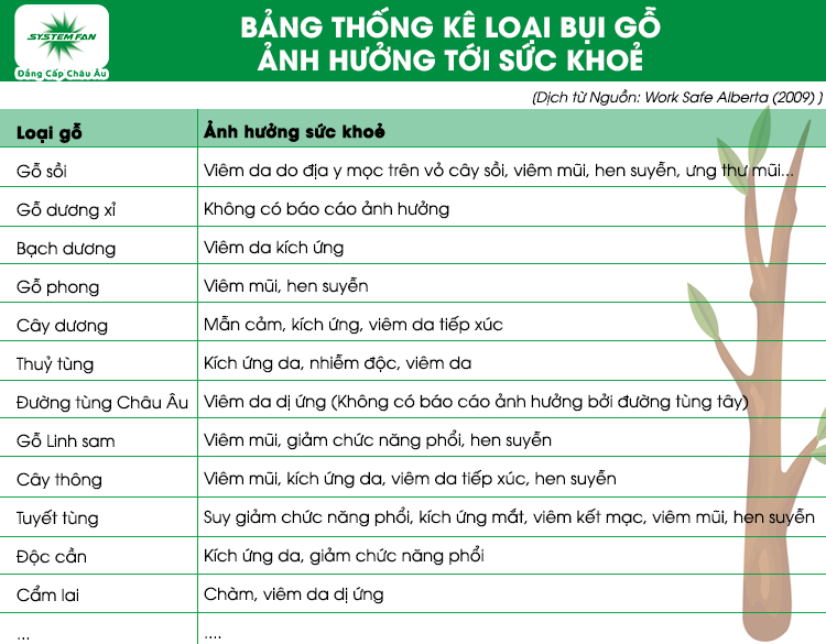 Bảng thống kê tác hại của từng loại bụi gỗ