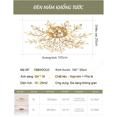 Đèn Mâm Khổng Tước Hoa Gold