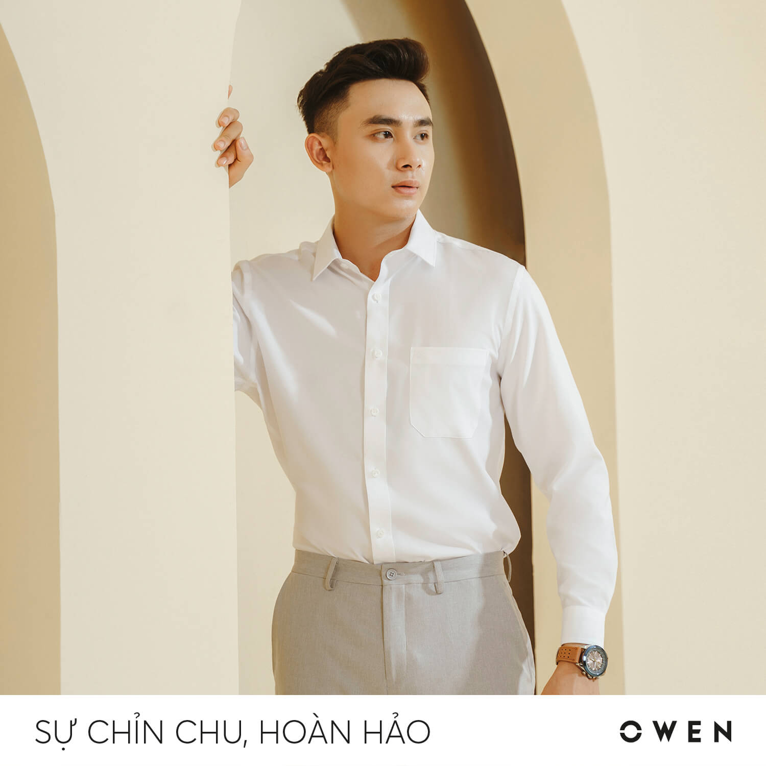 ÁO SƠ MI TRẮNG DÀI TAY NANO Dobby CÓ TÚI AR230022DT