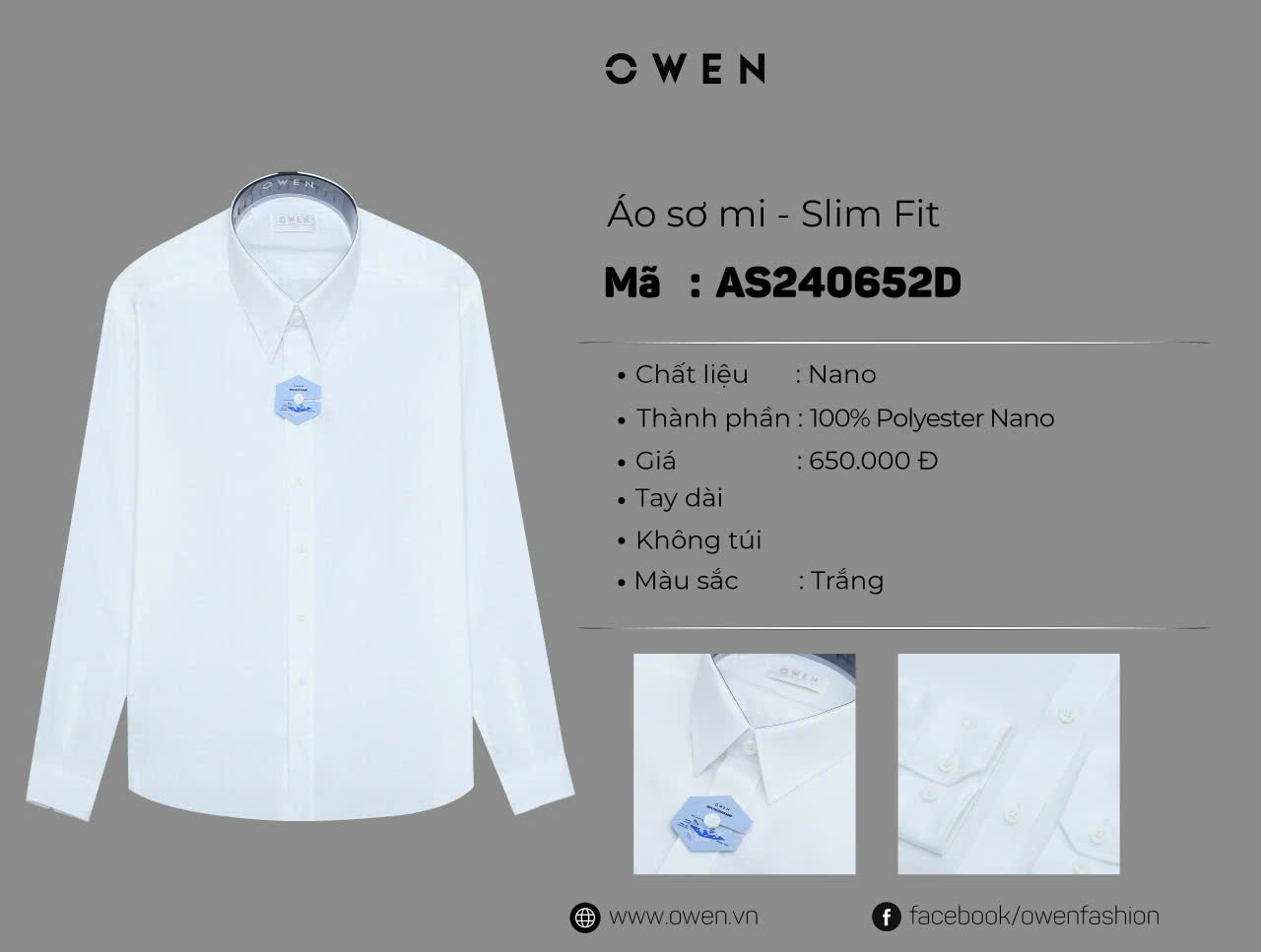 ÁO SƠ MI TRẮNG DÀI TAY NANO KHÔNG TÚI AS240652D GÂN