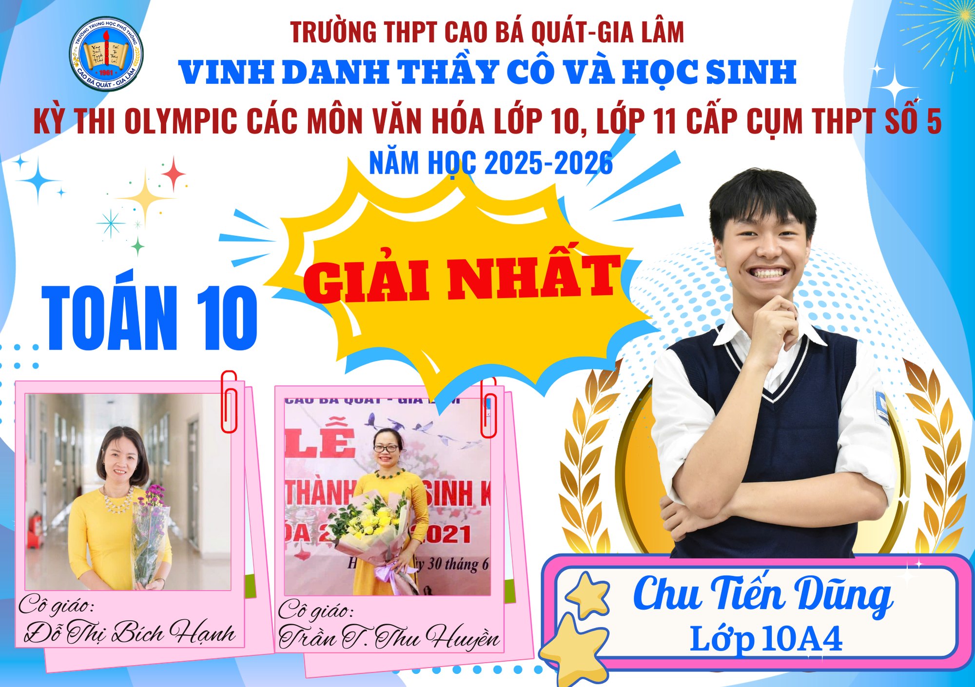 Chúc mừng thành tích rực rỡ của trường THPT Cao bá Quát-Gia Lâm tại kỳ thi Olympic cấp cụm năm học 2025-2026
