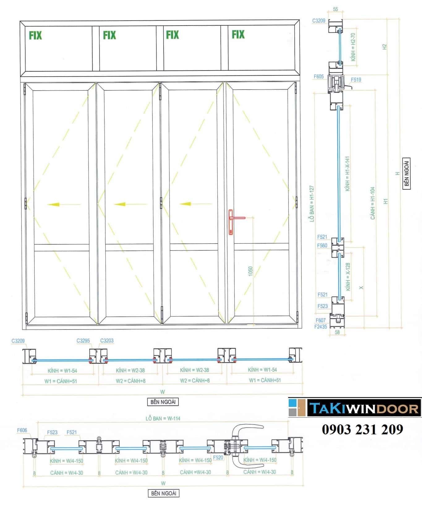 mặt cắt cửa xếp trượt nhôm Xingfa