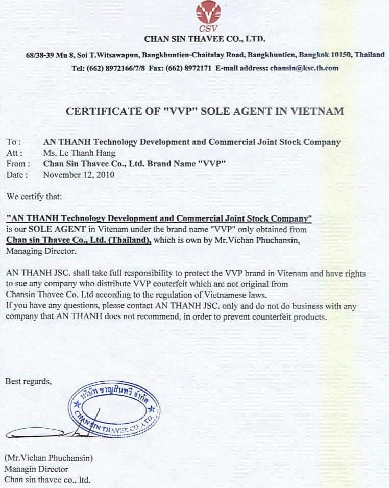 Chứng chỉ chứng nhận xuất xứ phụ kiện cửa kính VVP