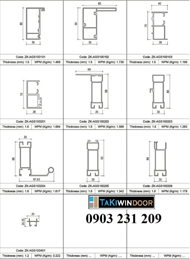 Mặt cắt thanh nhôm hệ trượt quay Zhongkai