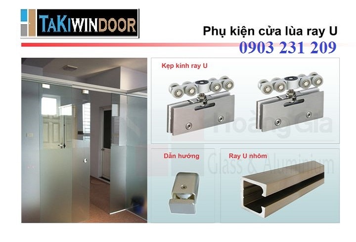 Phụ kiện cửa lùa ray U nhôm, kẹp kính vuông