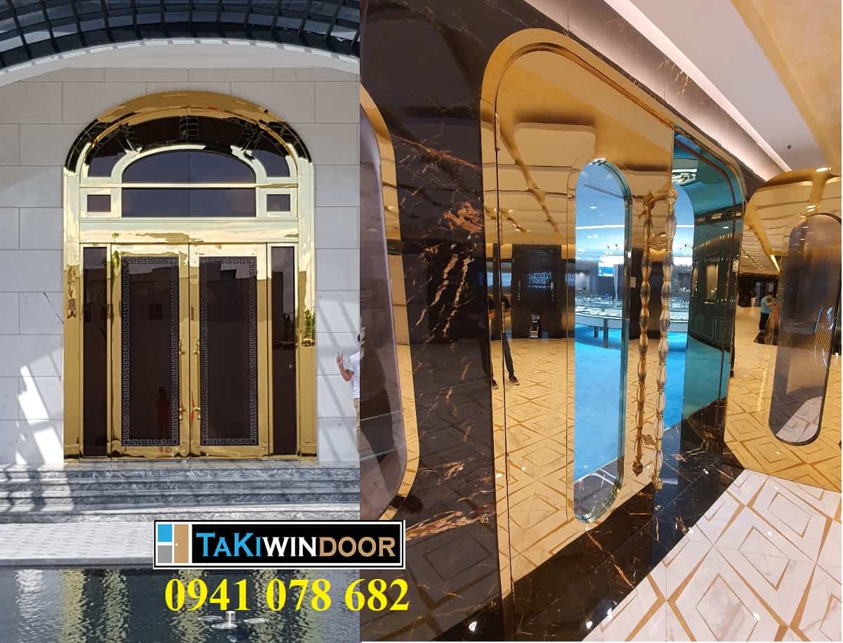 Thi công Cửa kính khung inox vàng uốn cong, vòm