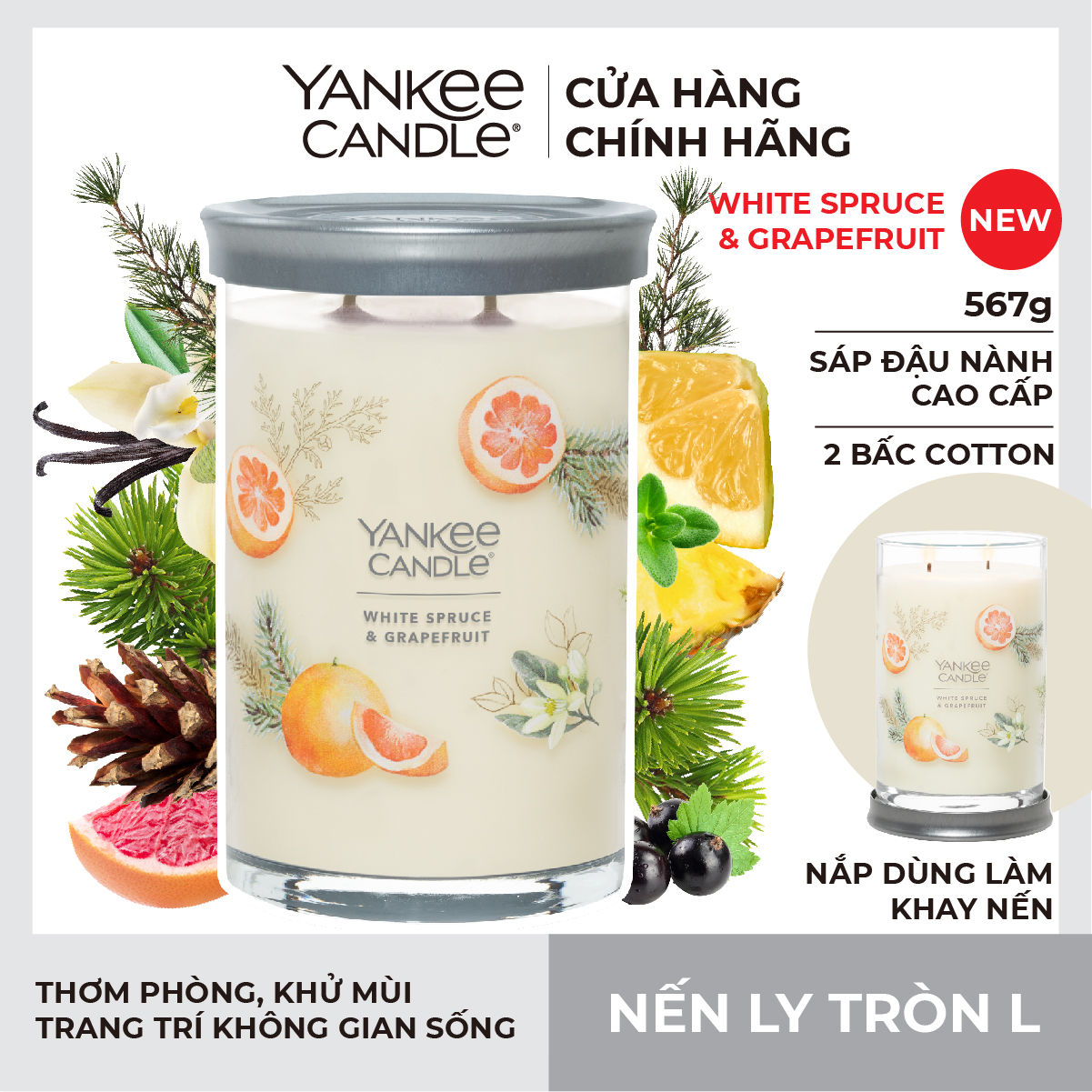 Nến thơm Yankee Candle, Nến ly tròn size L, Mùi White Spruce