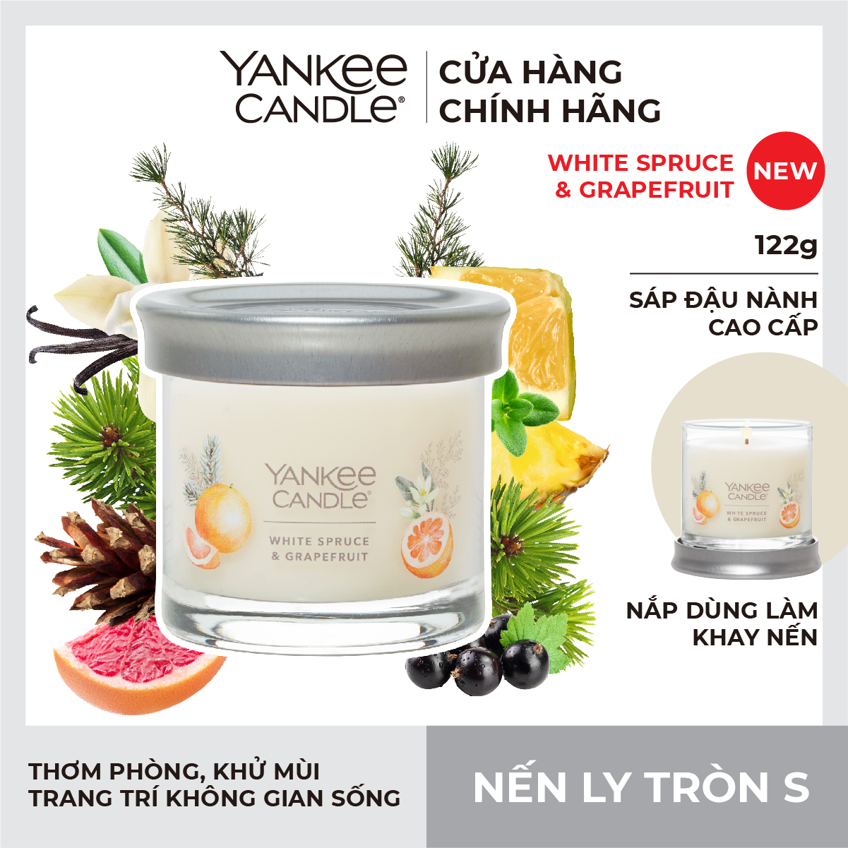 Nến thơm Yankee Candle, Nến ly tròn size S, Mùi White Spruce