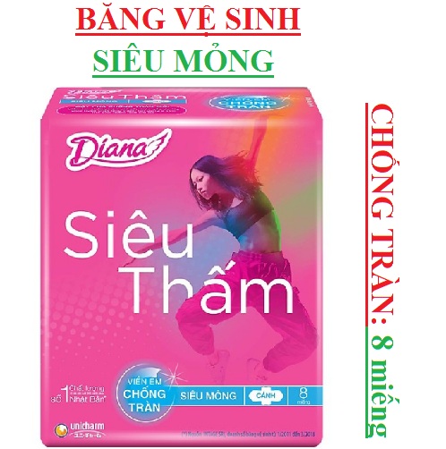 Băng vệ sinh Siêu thấm chống tràn Diana  Siêu mỏng cánh 8 miếng