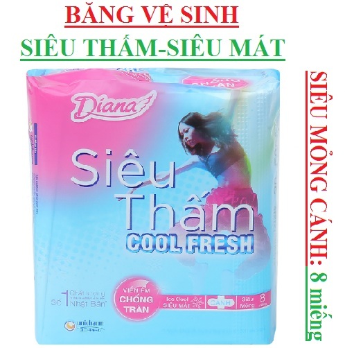 Băng vệ sinh Siêu thấm chống tràn Diana cool Fresh siêu mỏng cánh 8 miếng