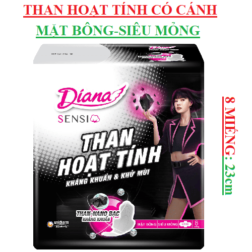 Băng vệ sinh than hoạt tính mặt bông siêu mỏng Diana sensi có cánh 8 miếng