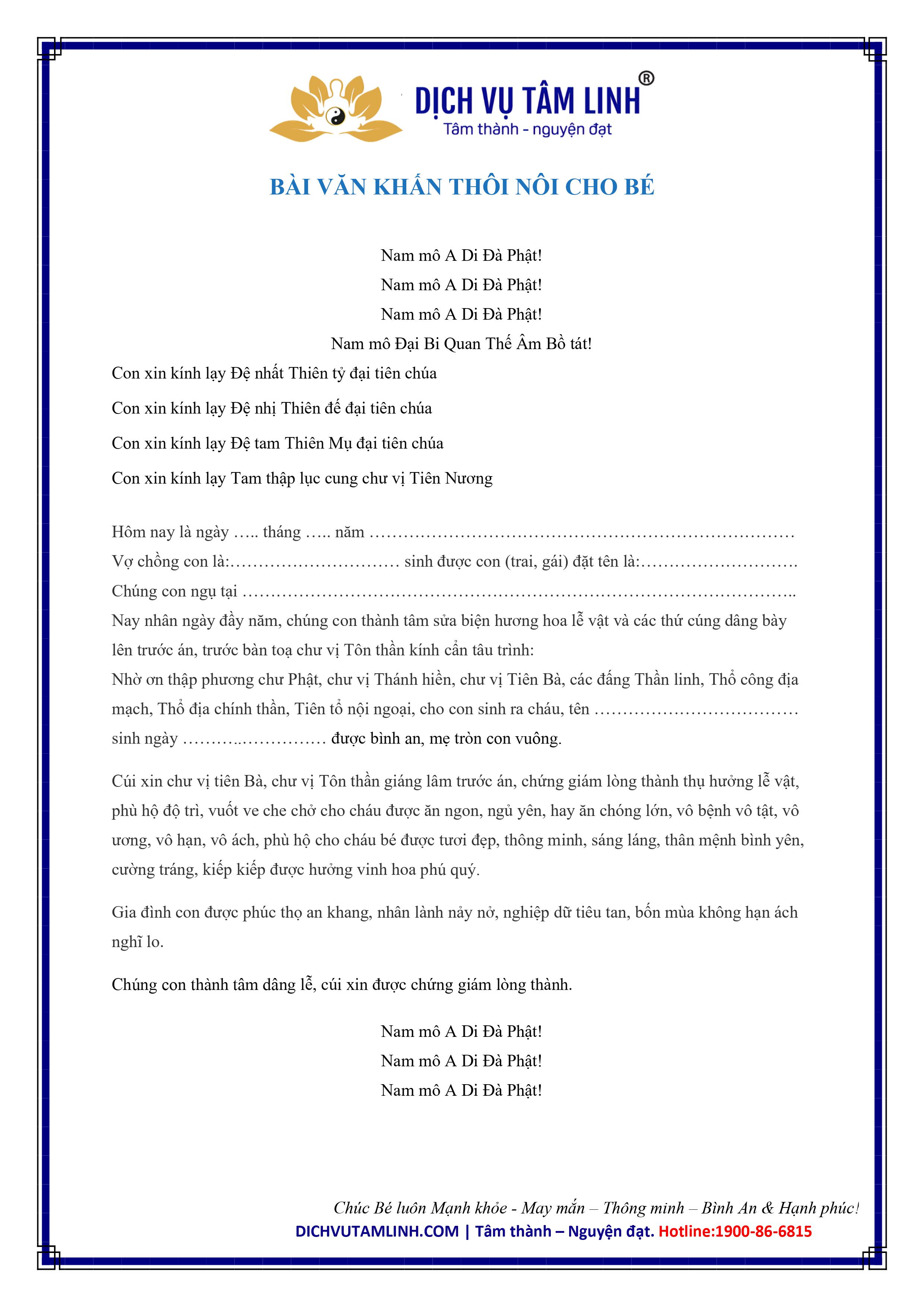 BÀI VĂN KHẤN CÚNG THÔI NÔI