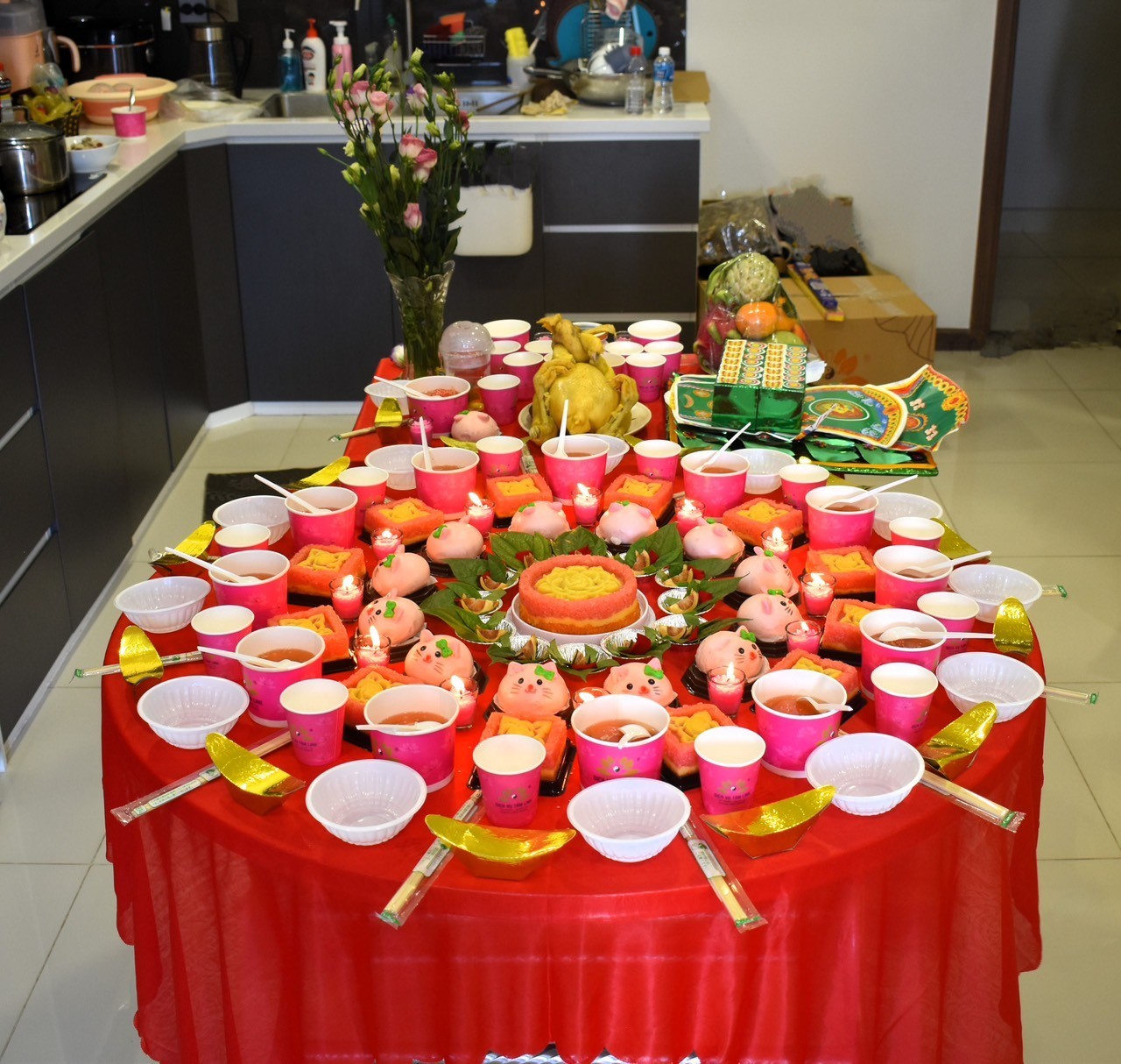 Mâm Cúng Đầy Tháng - Thôi Nôi Tone Hồng Quyến Rũ