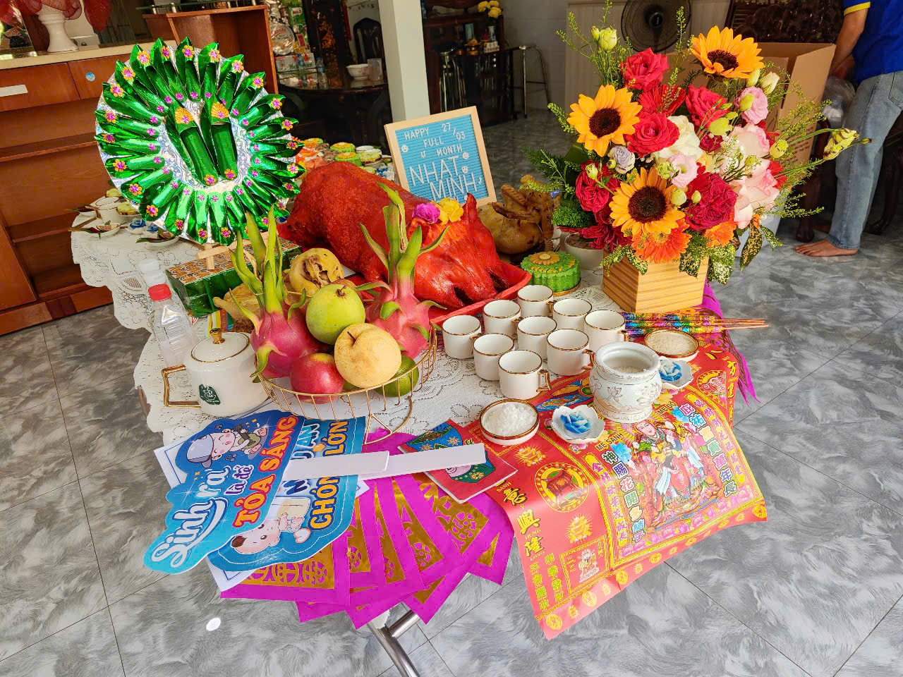 Mâm Cúng Đầy Tháng Bé Trai Tone Xanh Premium