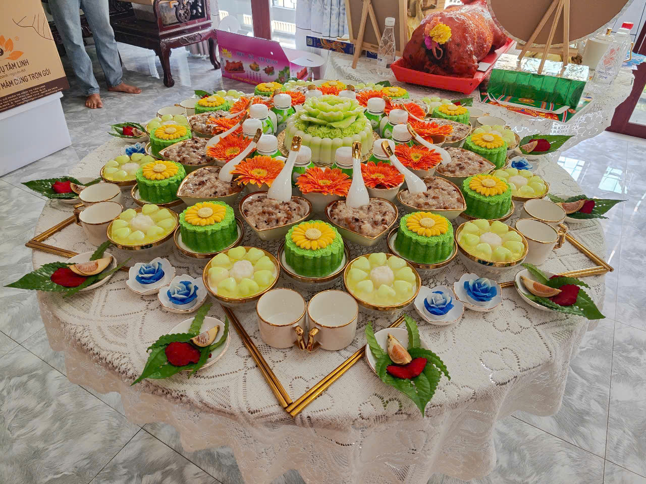 Mâm Cúng Đầy Tháng Bé Trai Tone Xanh Primium