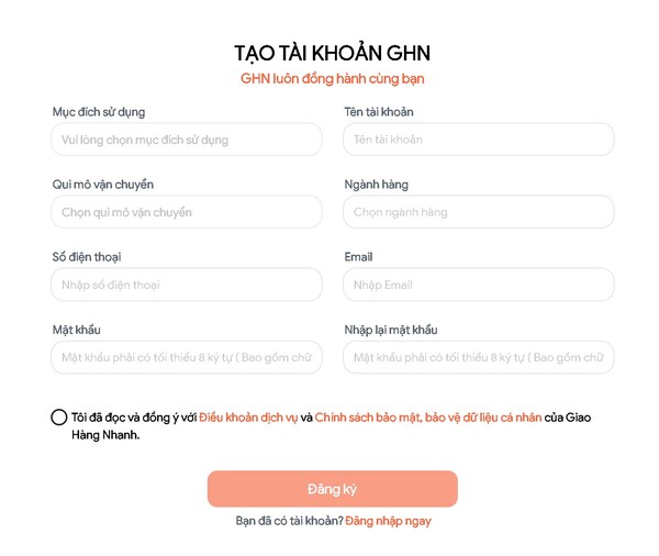 Tạo tài khoản là bước đầu trong cách gửi hàng qua Giao hàng nhanh 