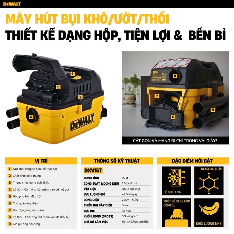 Máy hút bụi công nghiệp Dewalt DXV15T 15L