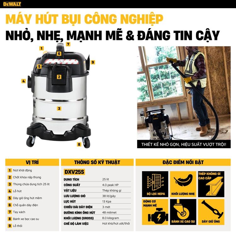 Máy hút bụi công nghiệp Dewalt DXV25S 25L