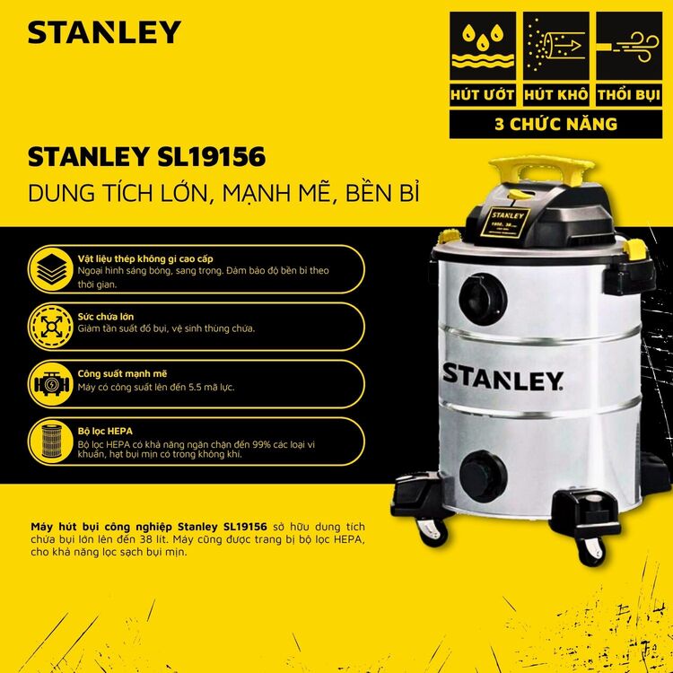 Máy hút bụi công nghiệp Stanley SL19156 38L