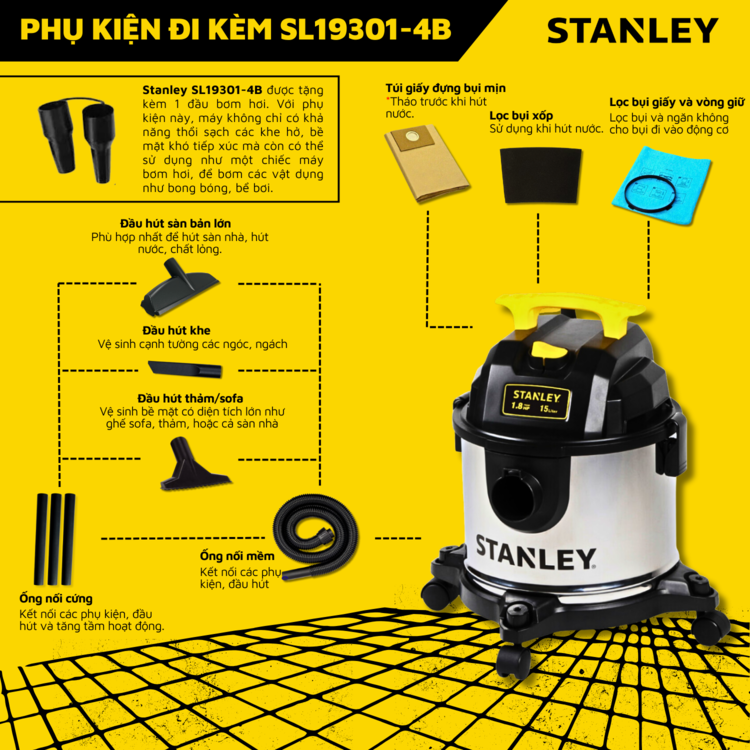 Máy hút bụi công nghiệp Stanley SL19301-4B 15L
