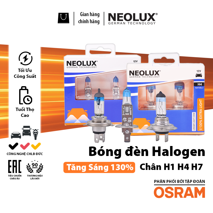 Combo 2 Bóng Đèn Halogen Tăng Sáng 130% OSRAM NEOLUX Dùng Cho Xe Ô Tô Xe Máy Chân H1 H4 H7 - Nhập Khẩu Chính Hãng