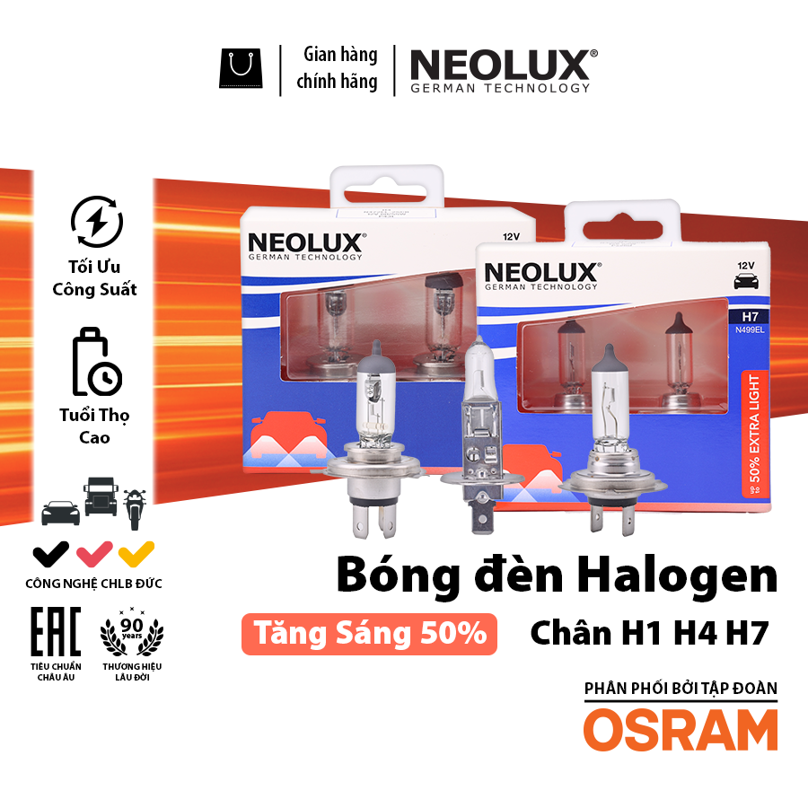 Combo 2 Bóng Đèn Halogen Blue Light OSRAM NEOLUX Dùng Cho Xe Ô Tô Xe Máy Chân H1 H4 H7 H11 - Nhập Khẩu Chính Hãng