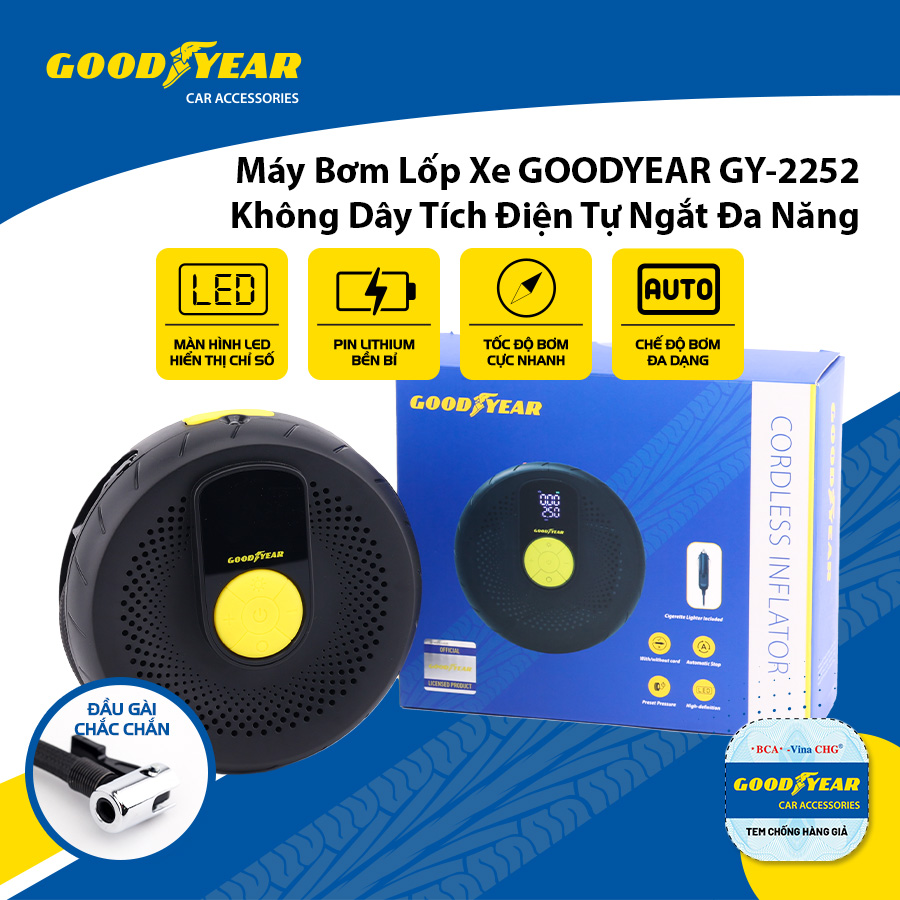 Máy Bơm Lốp Xe GOODYEAR GY-2252 Không Dây Tích Điện Tự Ngắt Đa Năng - Nhập Khẩu Chính Hãng