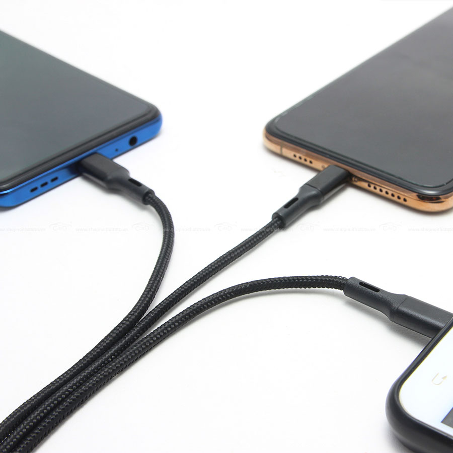 Bộ sạc điện thoại 2 cổng USB và cáp sạc 3 đầu Lightning/Micro USB/Type C  C74 màu đen