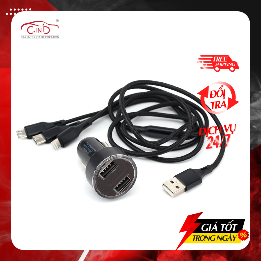 Bộ Sạc Điện Thoại 2 Cổng USB Và Cáp Sạc 3 Đầu Lightning/Micro USB/Type C CIND C74 Màu Đen - Nhập Khẩu Chính Hãng