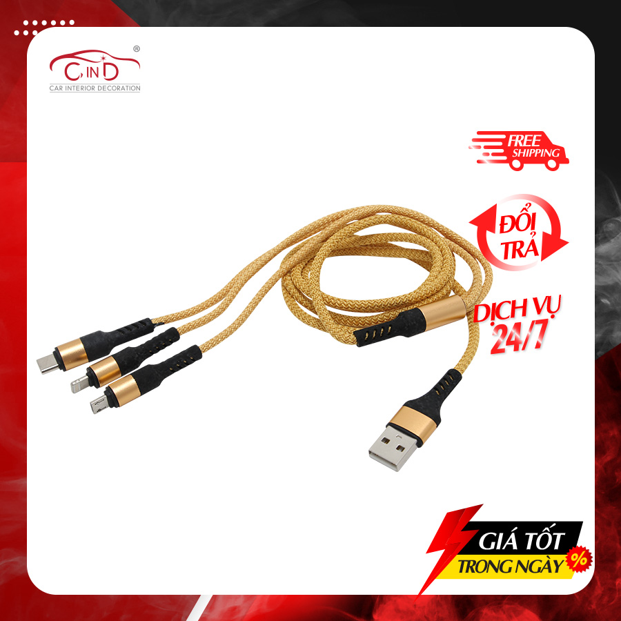 Cáp Sạc Điện Thoại 3 Đầu Lightning/Micro USB/Type C CIND WF-724 120cm Màu Vàng - Nhập Khẩu Chính Hãng