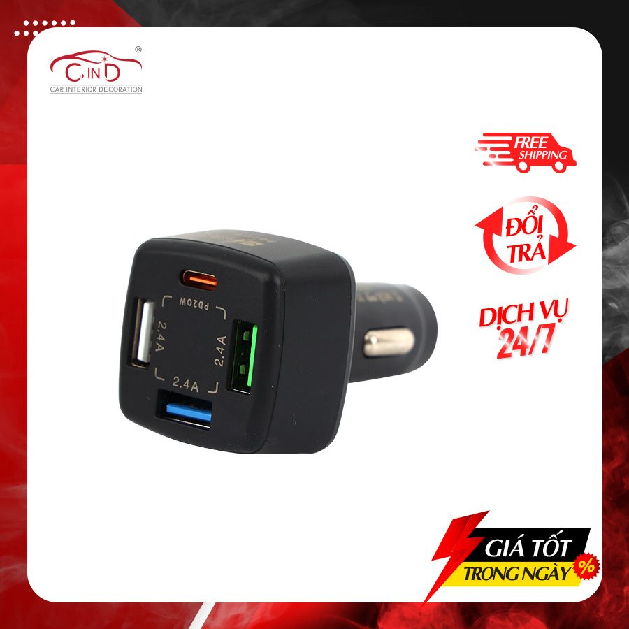 Tẩu Sạc 3 Cổng USB 2.4A 10W Và 1 Cổng Type C PD20W CIND - Nhập Khẩu Chính Hãng
