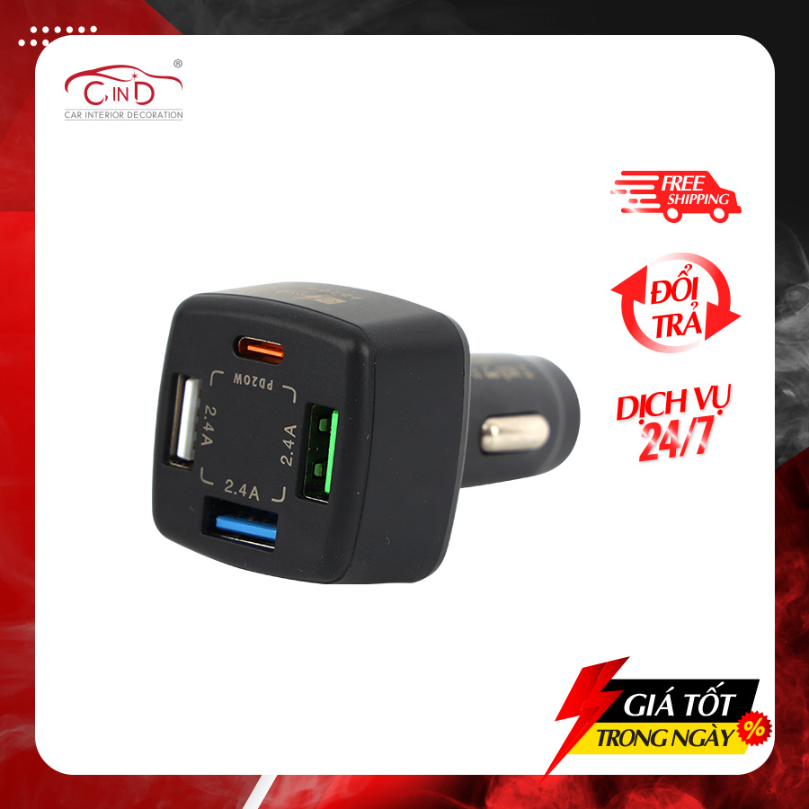 Tẩu Sạc Nhanh 38W QC3.0 + PD 3.0 2 Cổng USB Và 2 Cổng Type C CIND PD20W 38W - Nhập Khẩu Chính Hãng