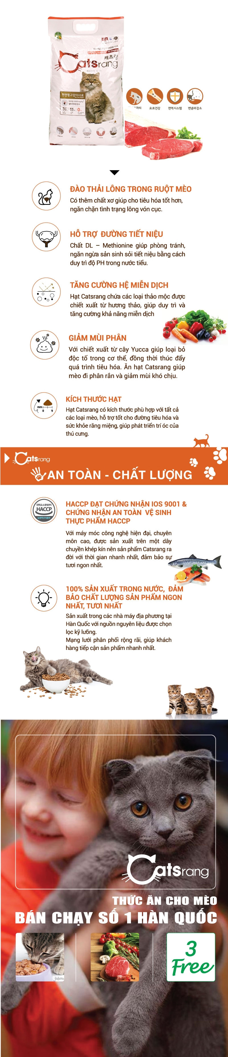 Thức ăn mèo Catsrang 3kg cho mèo mọi lứa tuổi nhập Hàn Quốc