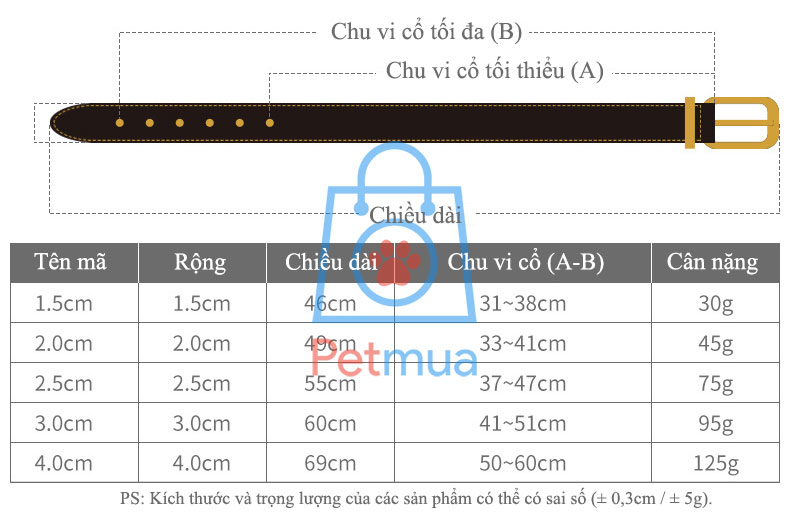 Kích thước các size của vòng cổ lót đệm cho chó