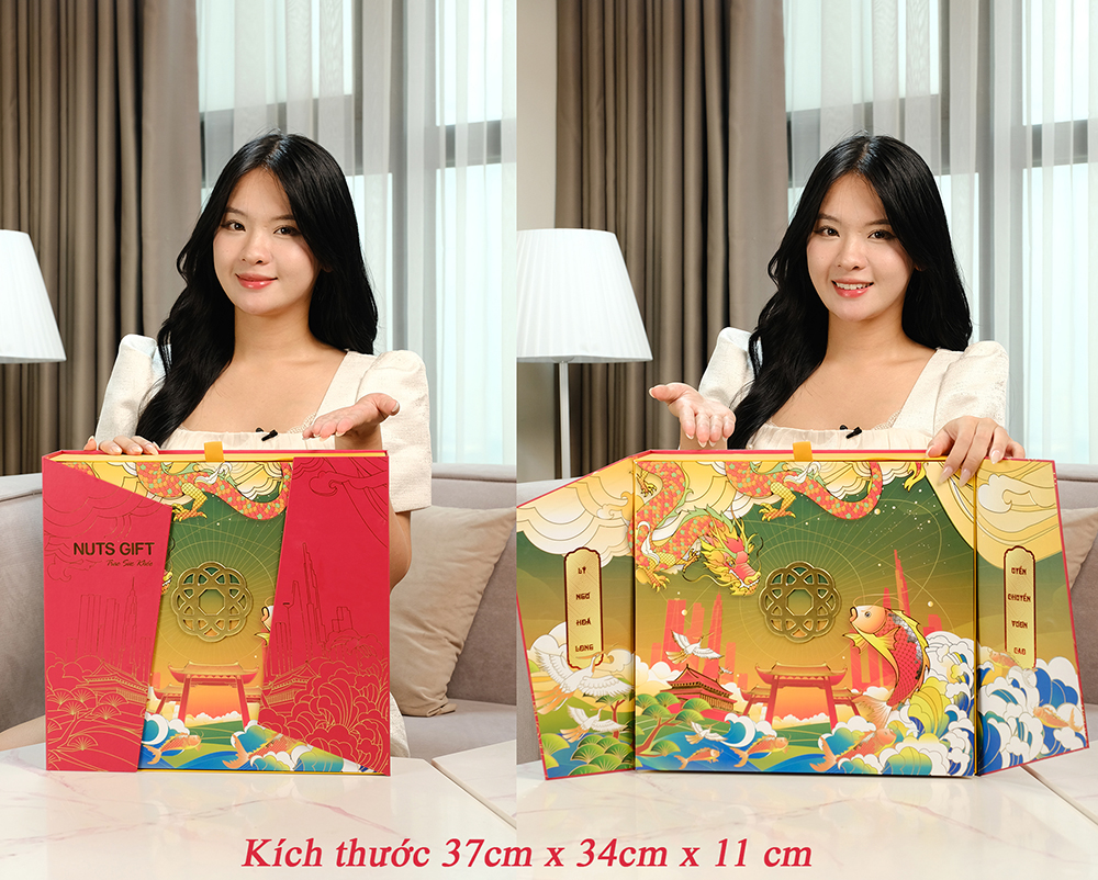 Hộp quà Nuts Gift - Lý Ngư Hóa Long 6 Vị Hạt dinh dưỡng và rượu vang BIN 585