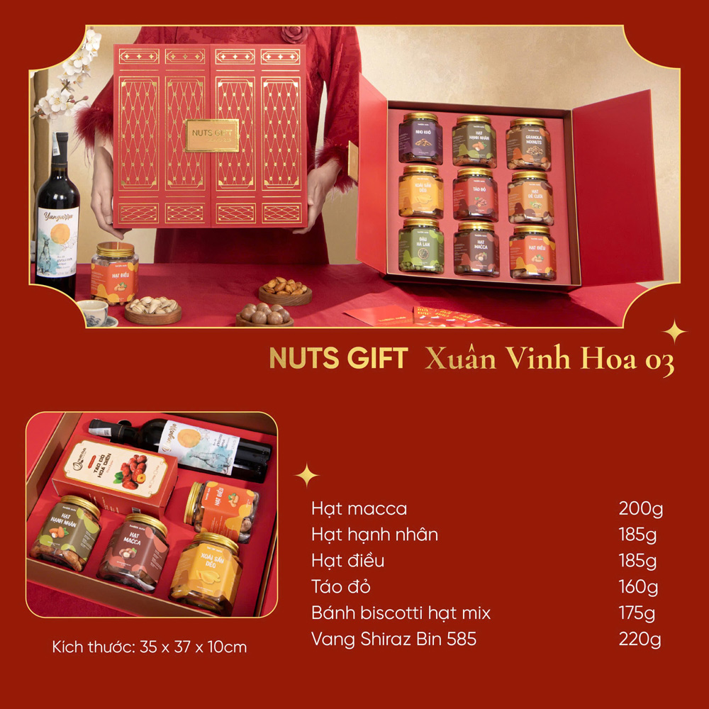 Vinh Hoa 03 - Hộp quà Tết Nuts Gift 5 hạt dinh dưỡng và rượu vang